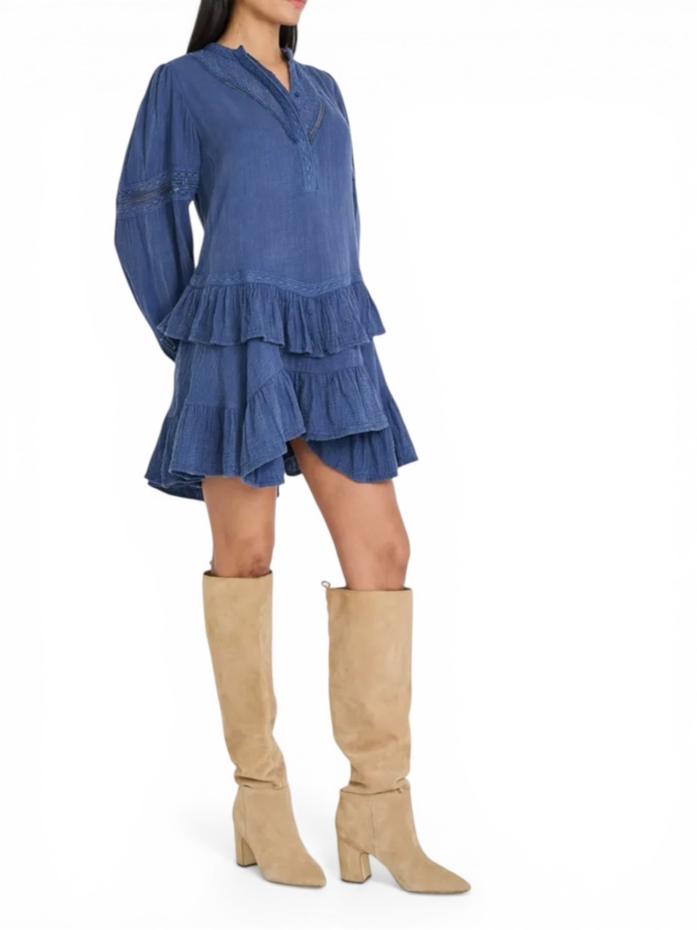 Free People Dress Women Blue Size M Long Sleeve Ruffle Lace Trim Mini NWT - Picture 3 of 8